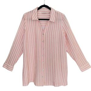 Soft Surroundings Button Down Tunic Women Size L Orange Striped Cotton Gauze Top